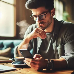 مردی درحال نگاه کردن به موبایلش