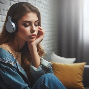 تصویری از یک زن درونگرا درحال گوش دادن به موسیقی